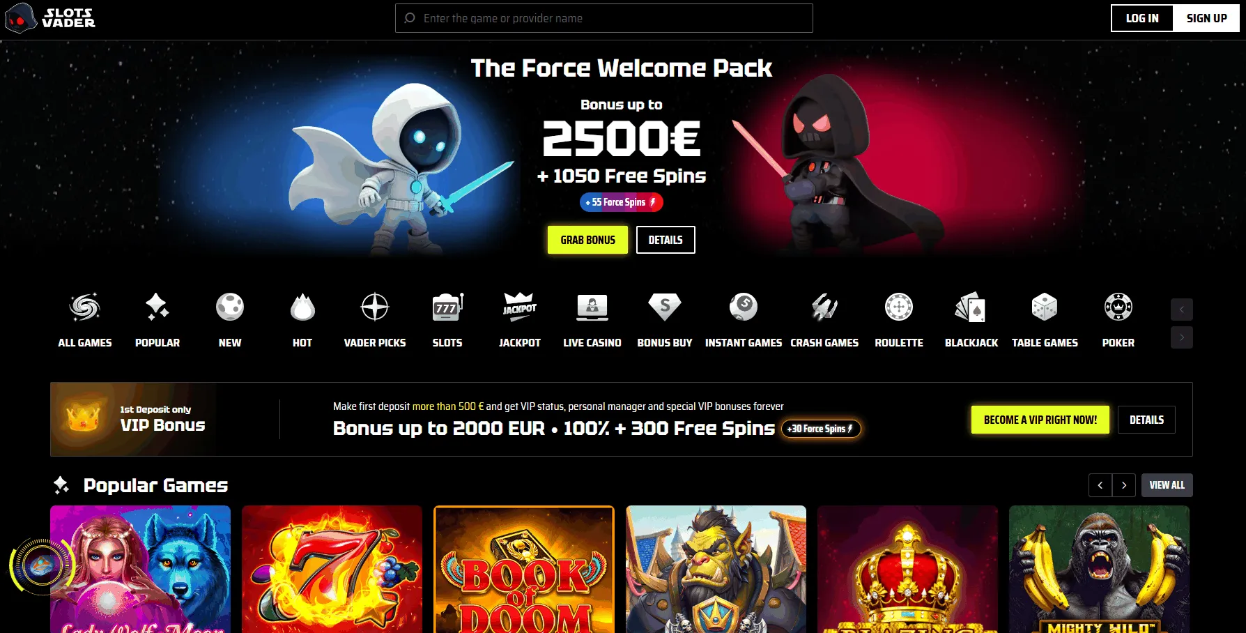 SlotsVader casino offers SlotsVader EU online casino homepage